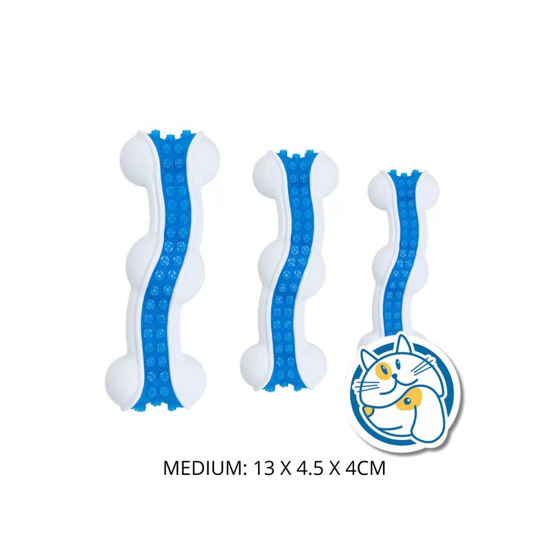 HUESO DURO MEDIUM - JUGUETE REMOVEDOR DE PLACA BACTERIANA - COLOR BLANCO Y AZUL - 13X4,5X4 CM