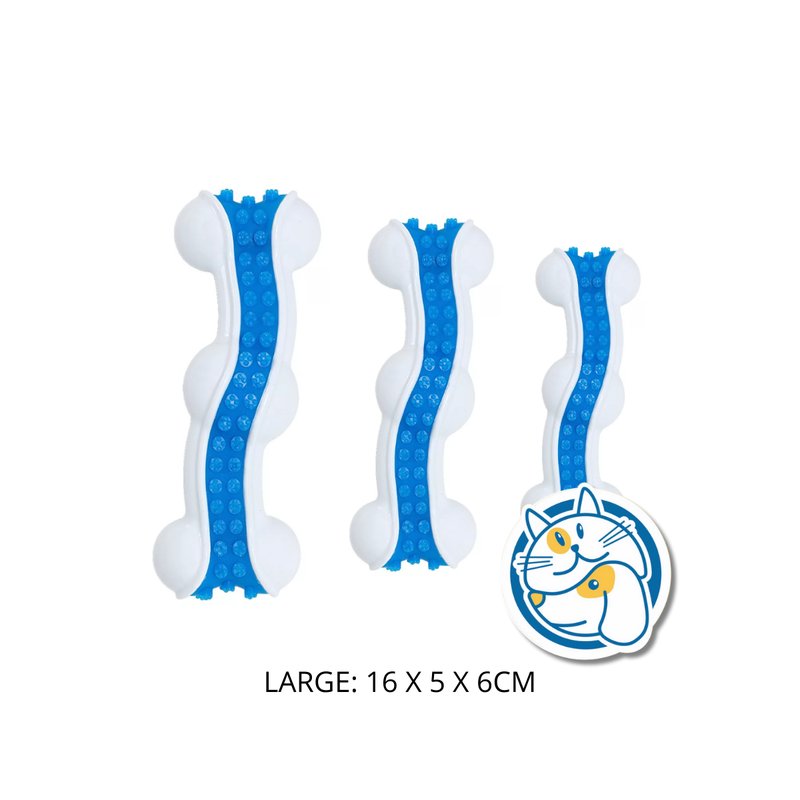 HUESO DURO LARGE - JUGUETE REMOVEDOR DE PLACA BACTERIANA - COLOR BLANCO Y AZUL - 16X5X6 CM
