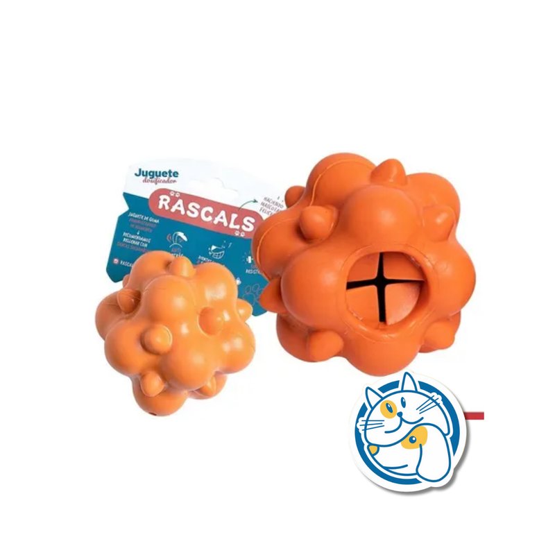 JUGUETE PELOTA IRREGULAR DISPENSADORA DE GOMA SEMI SOLIDA - NARANJA - MEDIDA: 7,5X7,5CM - PESO: 196GR.