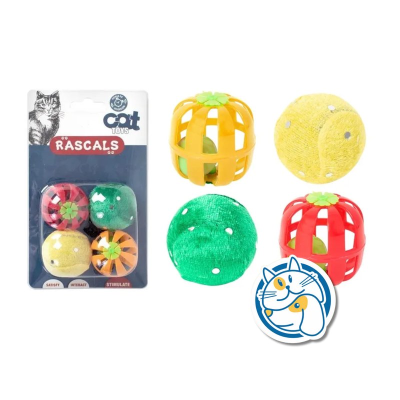 PACK DE 4 PELOTAS PARA GATOS, 2 CASCABEL, 2 HIERBA GATERA EN BLISTER COLORES SURTIDOS