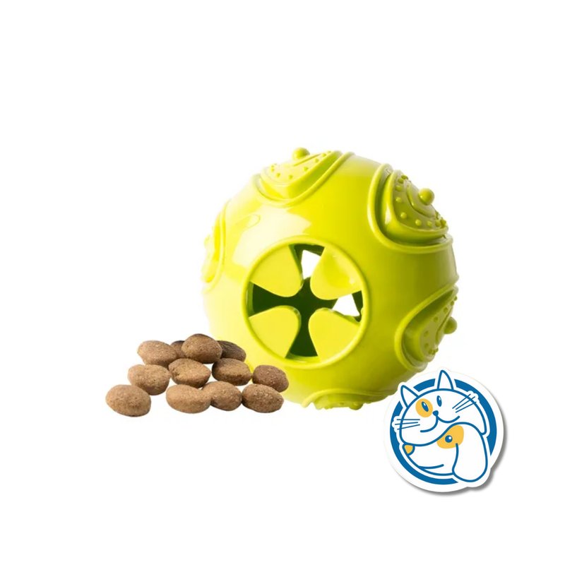 PELOTA - DISPENSADORA DE SNACKS - MATERIAL: TPR - COLOR: AMARILLA - MEDIDA: 6,9X8,8CM - PESO: 90CM
