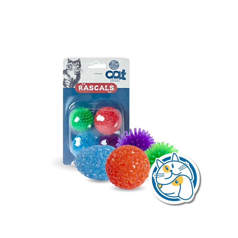 PACK DE 4 PELOTAS DE GOMA PARA GATOS, EN BLISTER COLORES SURTIDOS DIAMETRO 3,5 CM