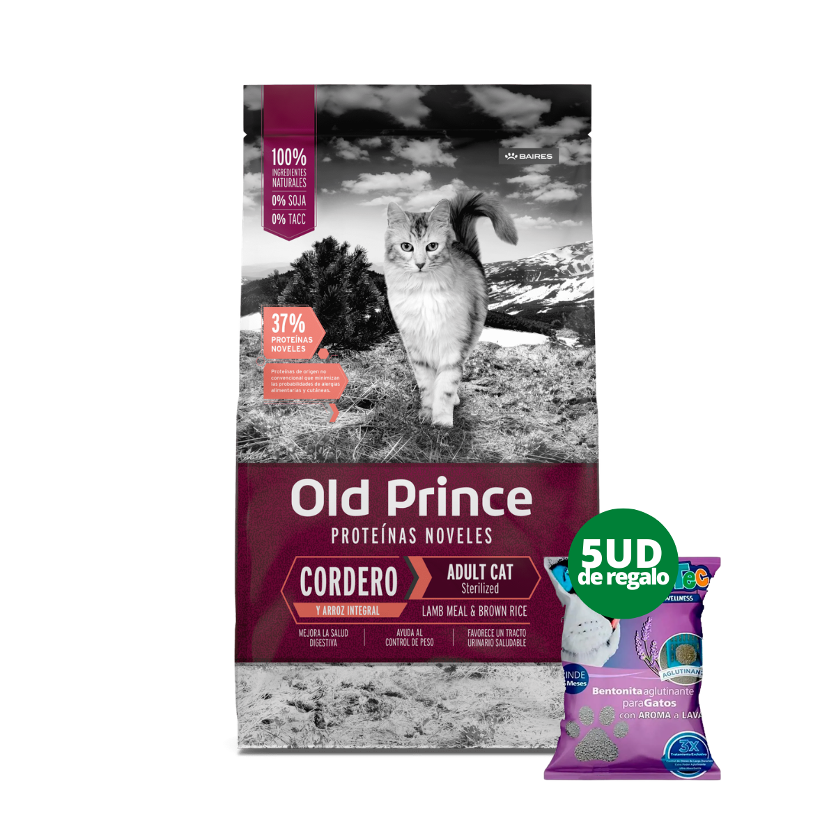 OLD PRINCE PROTEINAS NOVELES GATOS ADULTOS ESTERILIZADOS CORDERO Y ARROZ 7,5KG + 5 ZOOTEC AGLUTINANTES LAVANDA 4KG