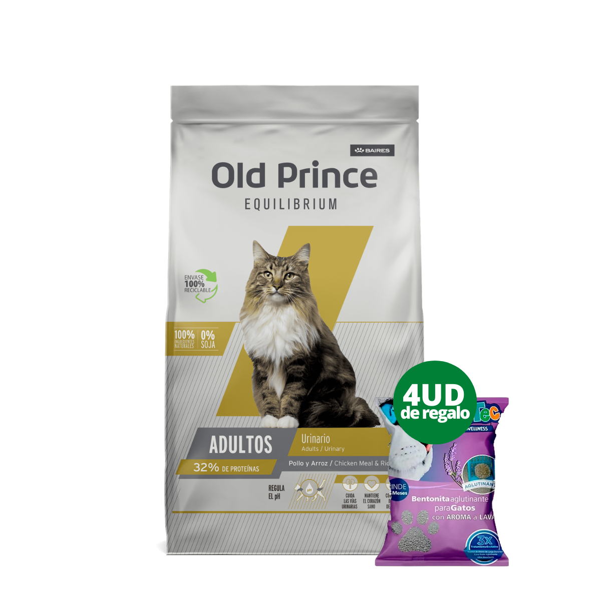 OLD PRINCE EQUILIBRIUM GATOS ADULTOS URINARY CARE 7,5KG + 4 ZOOTEC AGLUTINANTES LAVANDA 4KG